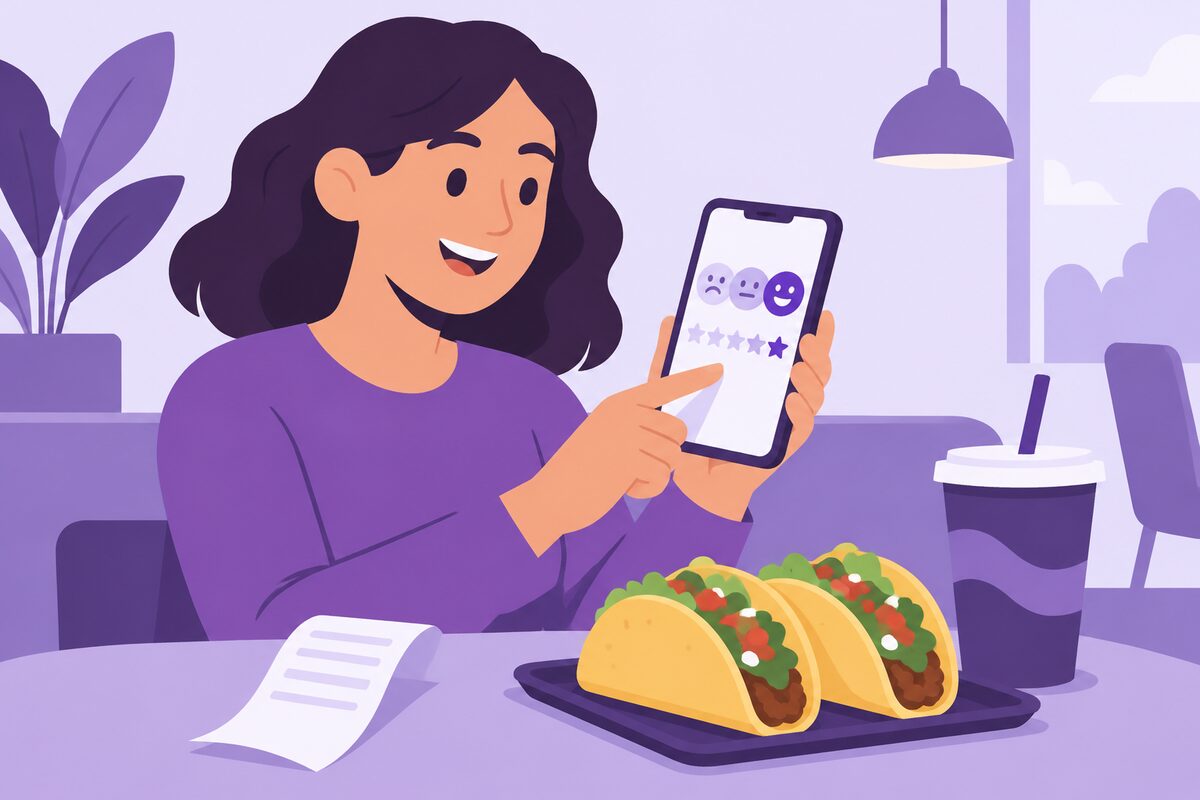 Customer taking the TellTheBell Taco Bell survey on a phone with a receipt and tacos on the table